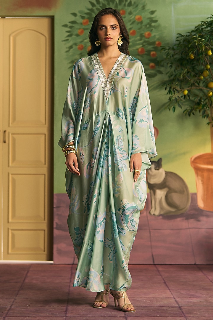 Mint Green Satin Kaftan by Archana Shah at Pernia's Pop Up Shop