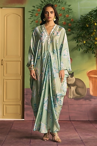 Mint Green Satin Kaftan by Archana Shah