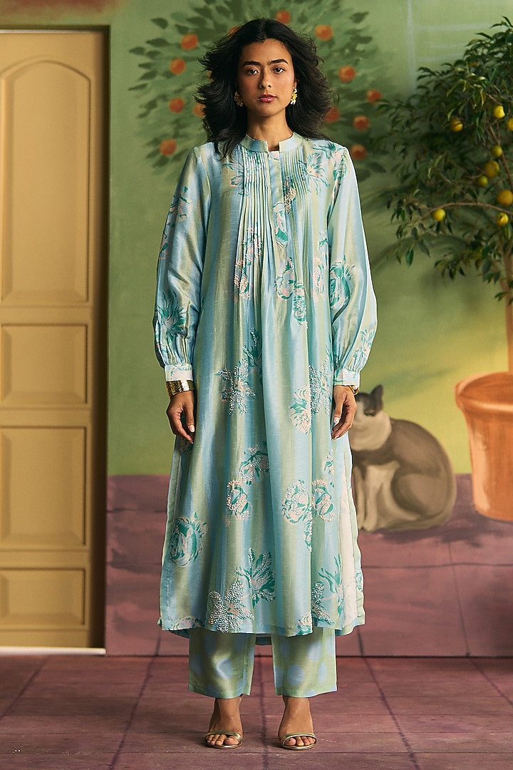 Mint Green Silk Kurta Set by Archana Shah at Pernia's Pop Up Shop