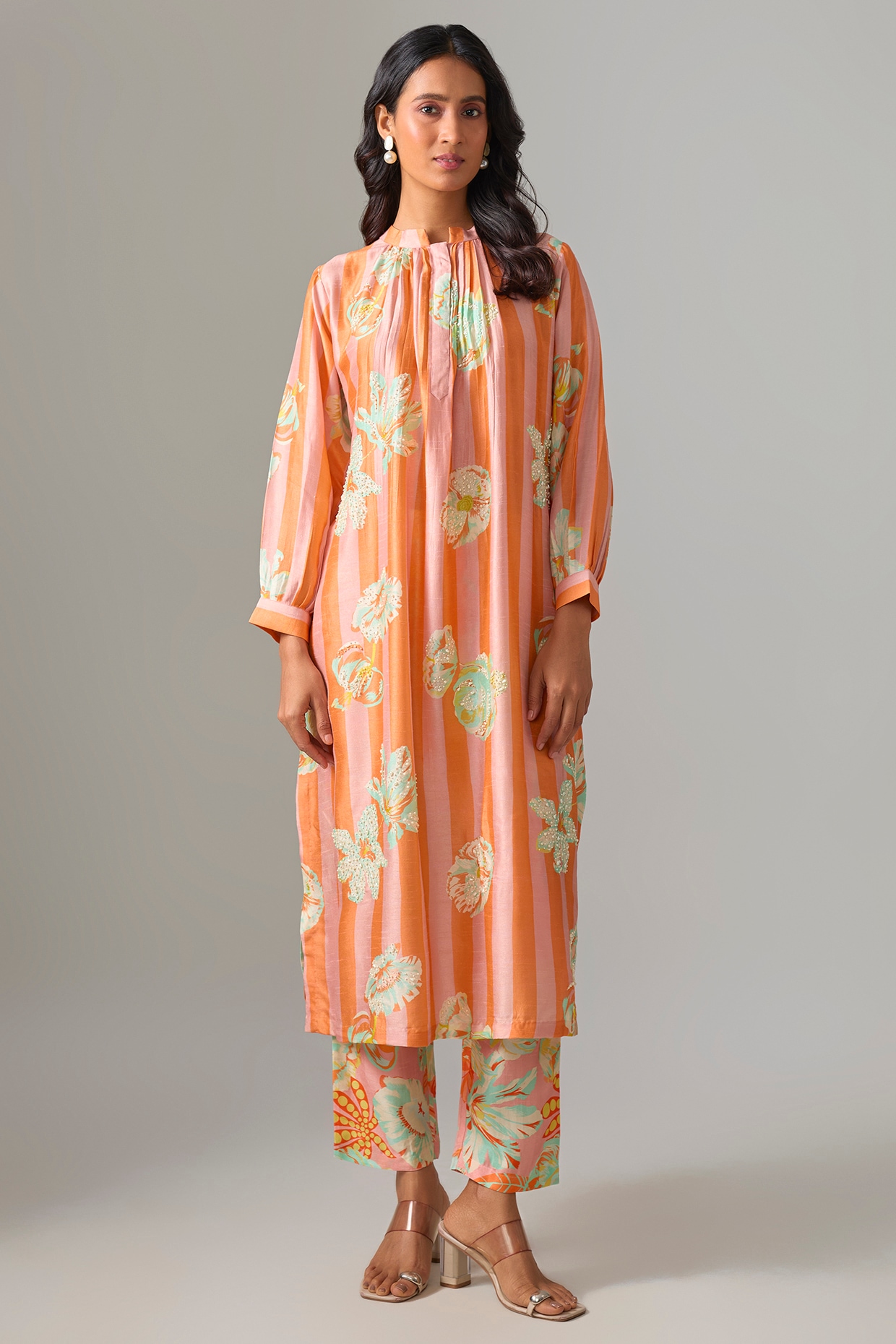 Archana Shah Peach Blended Silk Printed Kurta Set