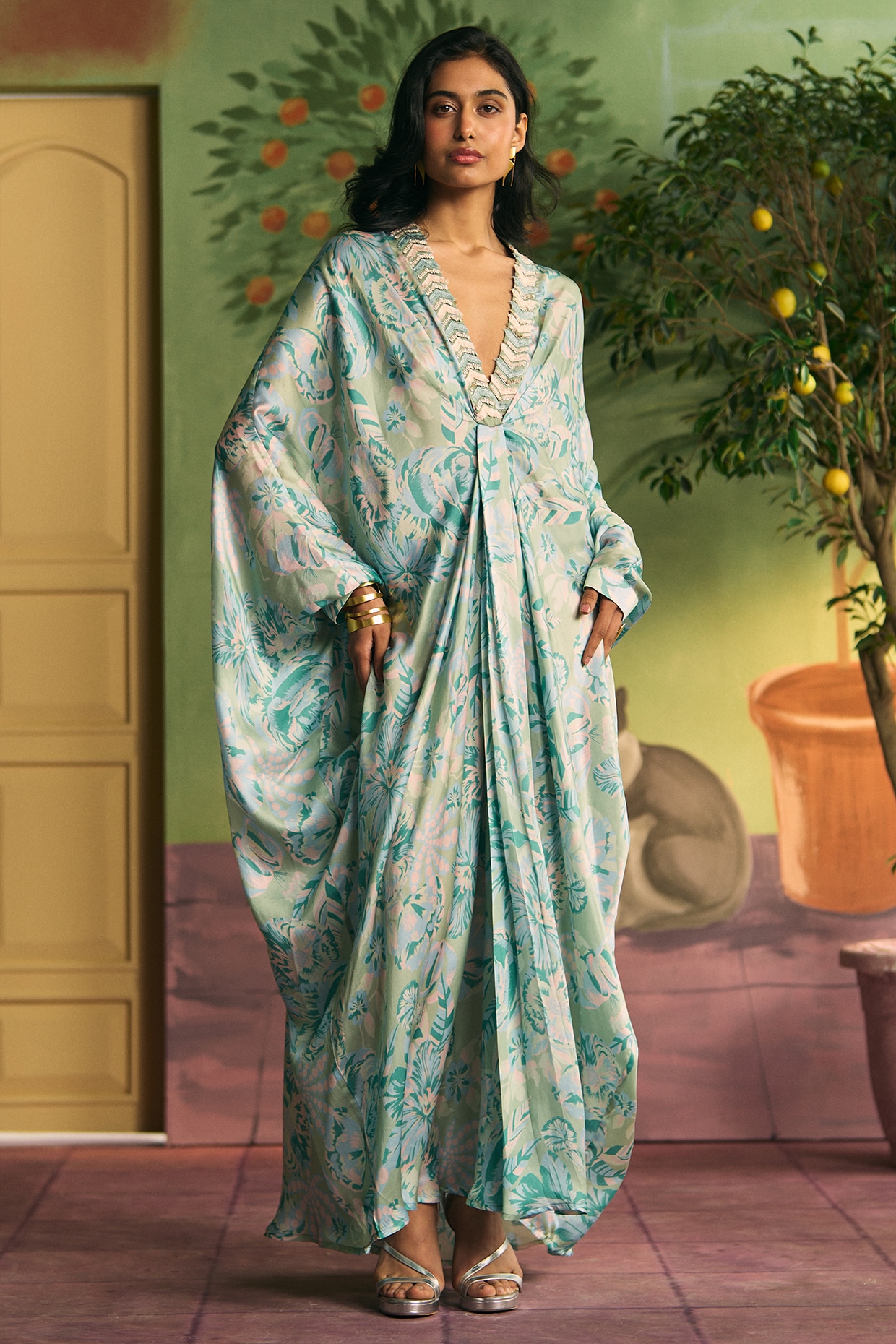 Archana Shah Mint Green Satin Kaftan