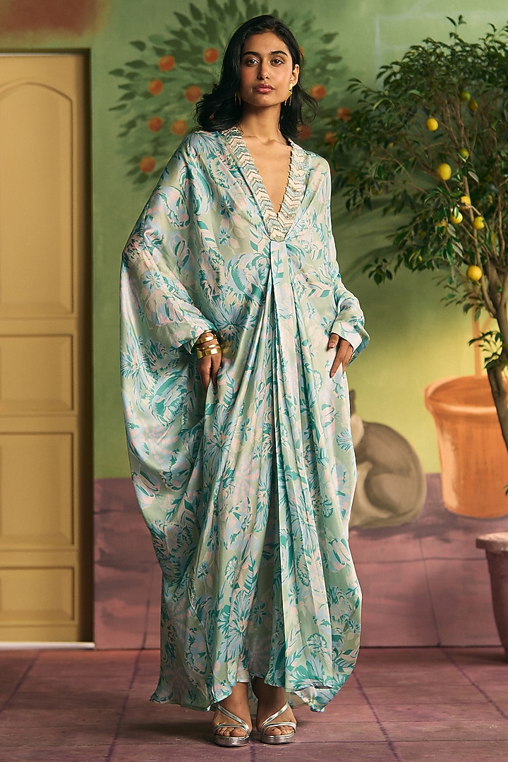 Mint Green Satin Kaftan by Archana Shah at Pernia's Pop Up Shop