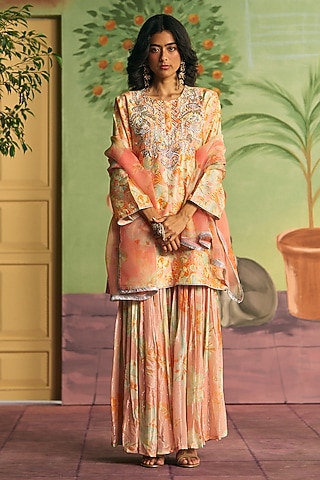 Peach Silk Sharara Set by Archana Shah