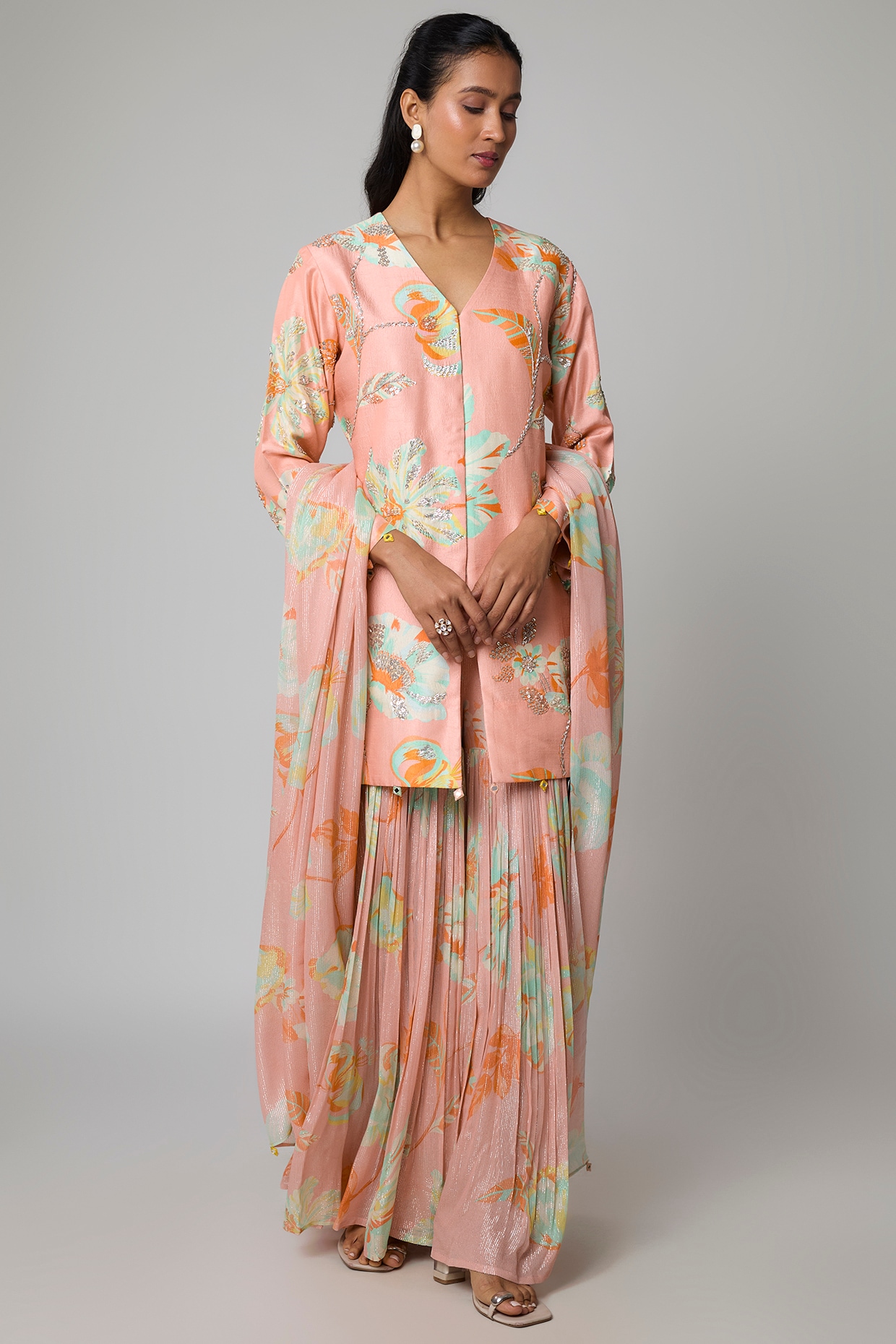 Archana Shah Peach Bemberg Silk Sharara Set