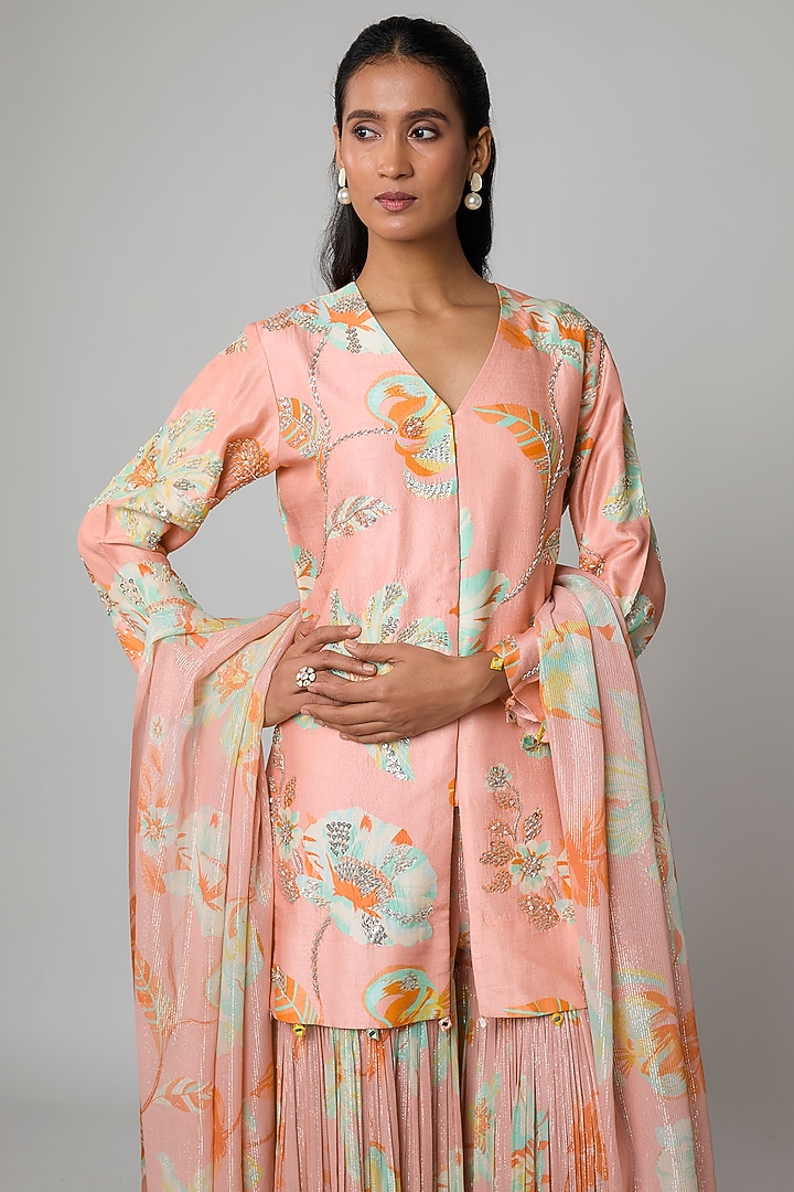 Peach Bemberg Silk Wedding Sharara Set by Archana Shah at Pernia's Pop Up Shop