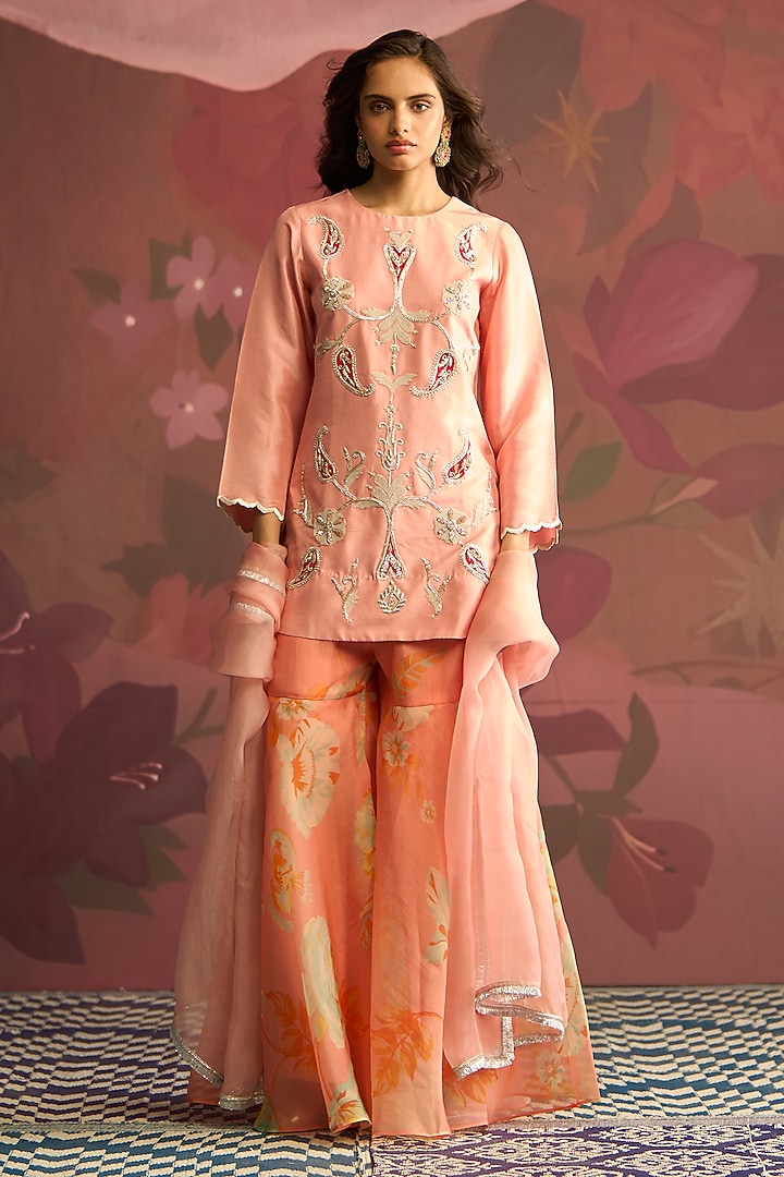 Peach Silk Wedding Sharara Set by Archana Shah at Pernia's Pop Up Shop