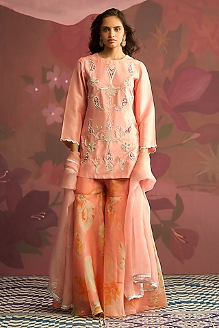 Peach Silk Sharara Set by Archana Shah