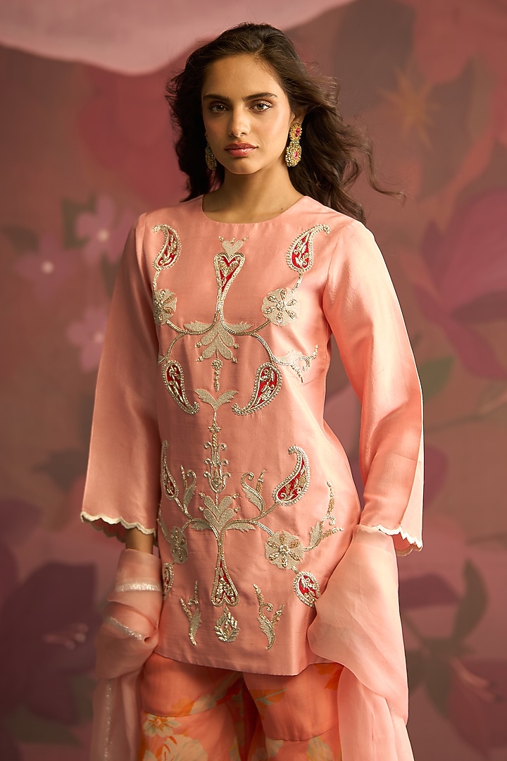 Peach Silk Wedding Sharara Set by Archana Shah at Pernia's Pop Up Shop