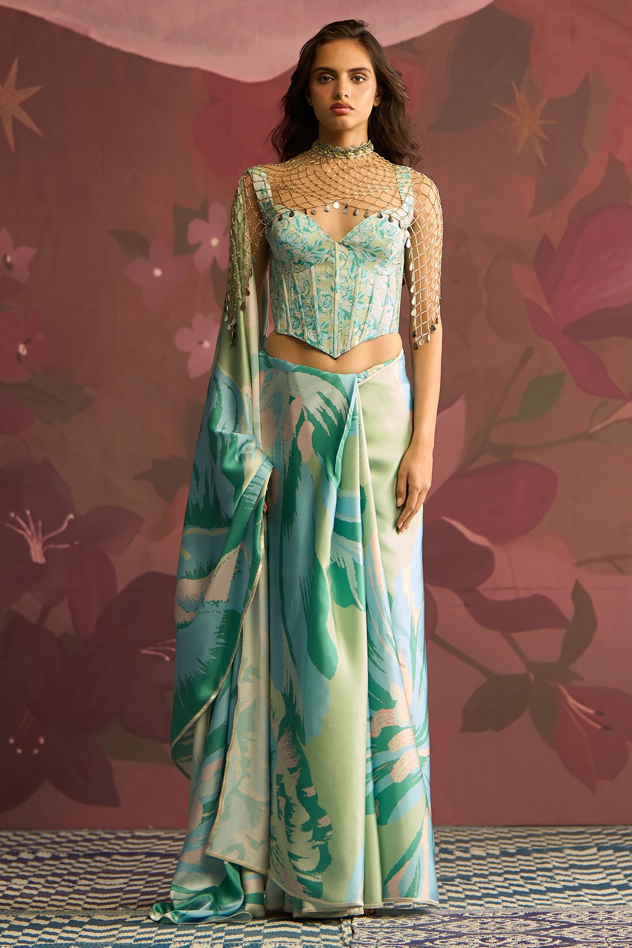 Archana Shah Mint Green Satin Saree Set