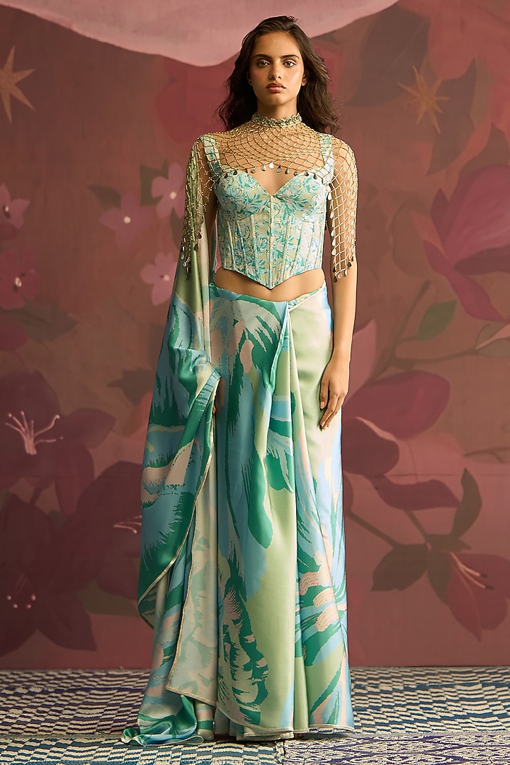 Mint Green Satin Wedding Saree Set by Archana Shah at Pernia's Pop Up Shop