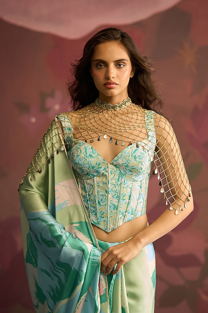 Mint Green Satin Wedding Saree Set by Archana Shah at Pernia's Pop Up Shop