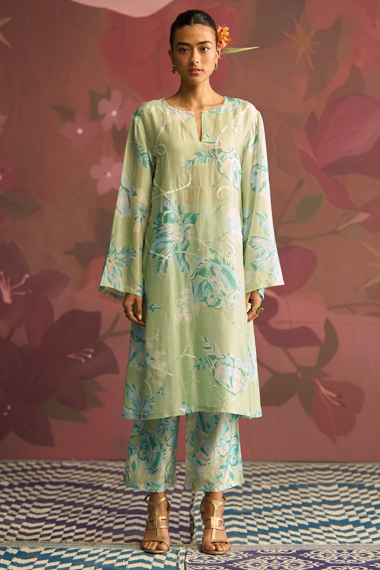 Archana Shah Mint Green Silk Kurta Set