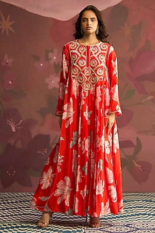 Red Silk Sequins Work Anarkali by Archana Shah