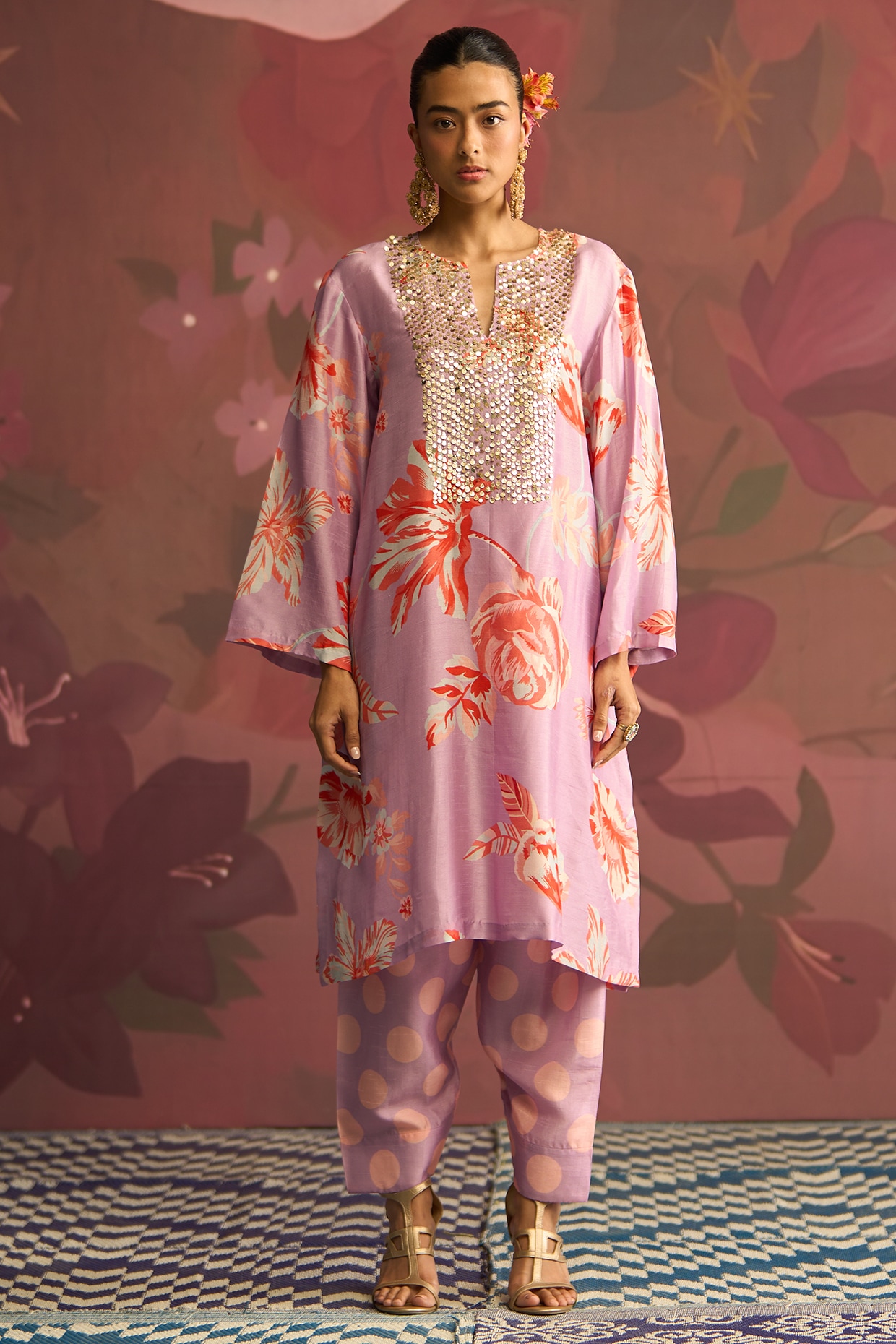 Archana Shah Lavender Silk Sequins Work Kurta Set