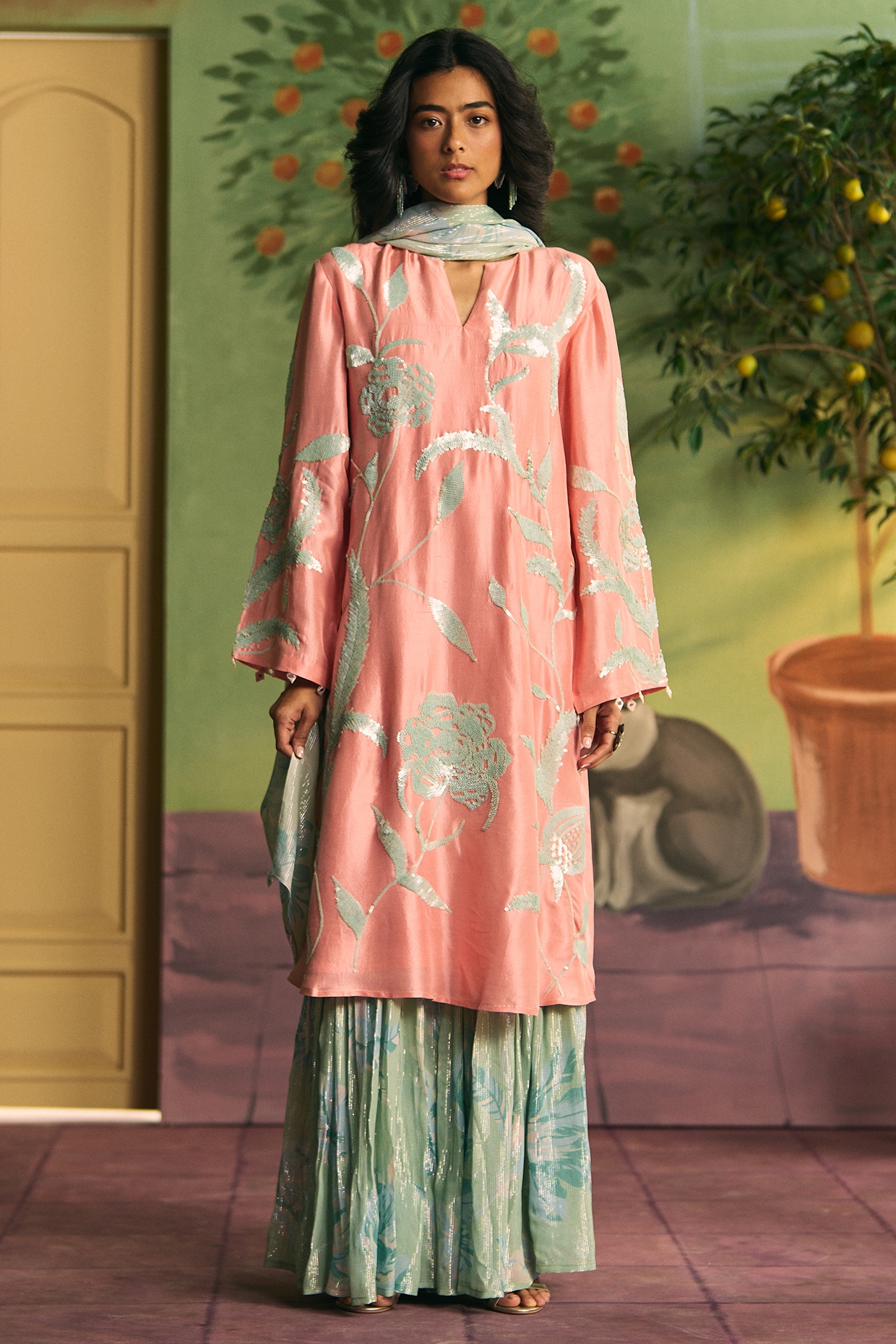 Archana Shah Peach & Mint Green Silk Kurta Set
