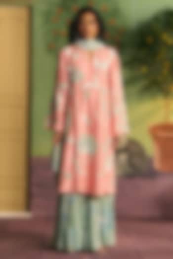 Peach & Mint Green Silk Kurta Set by Archana Shah at Pernia's Pop Up Shop