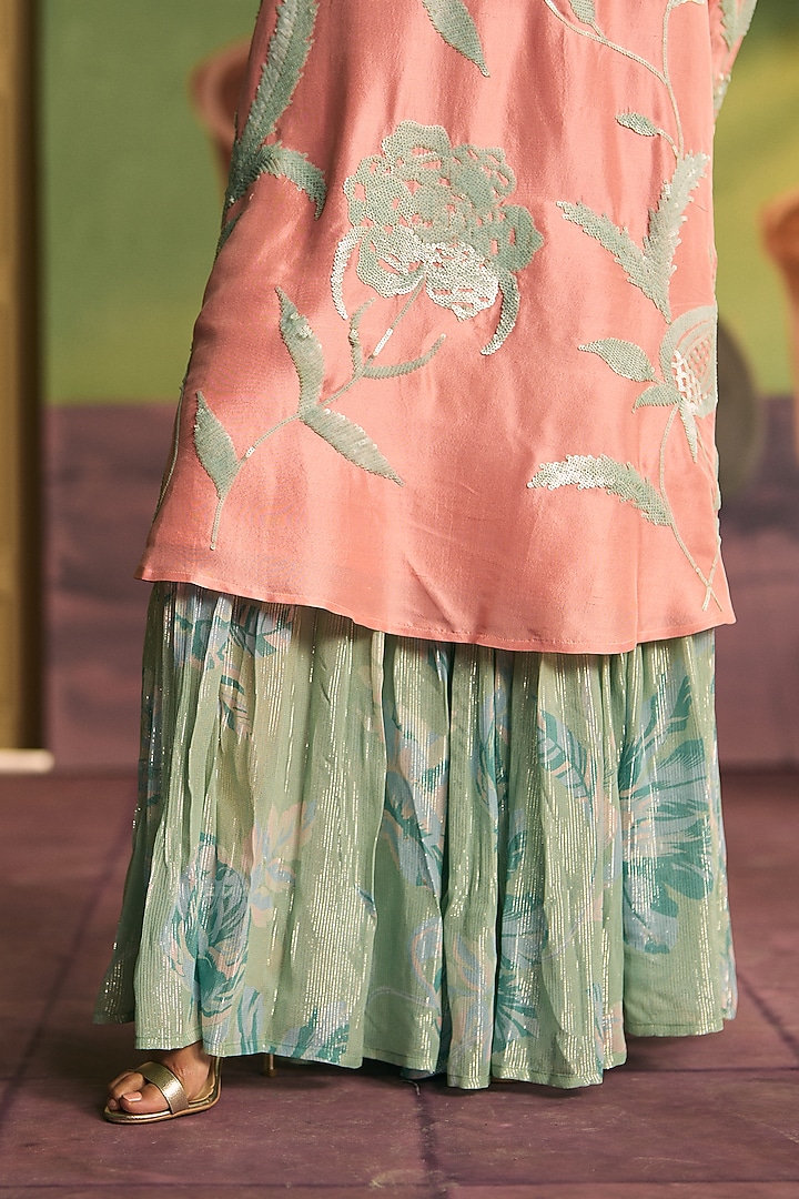 Peach & Mint Green Silk Kurta Set by Archana Shah at Pernia's Pop Up Shop
