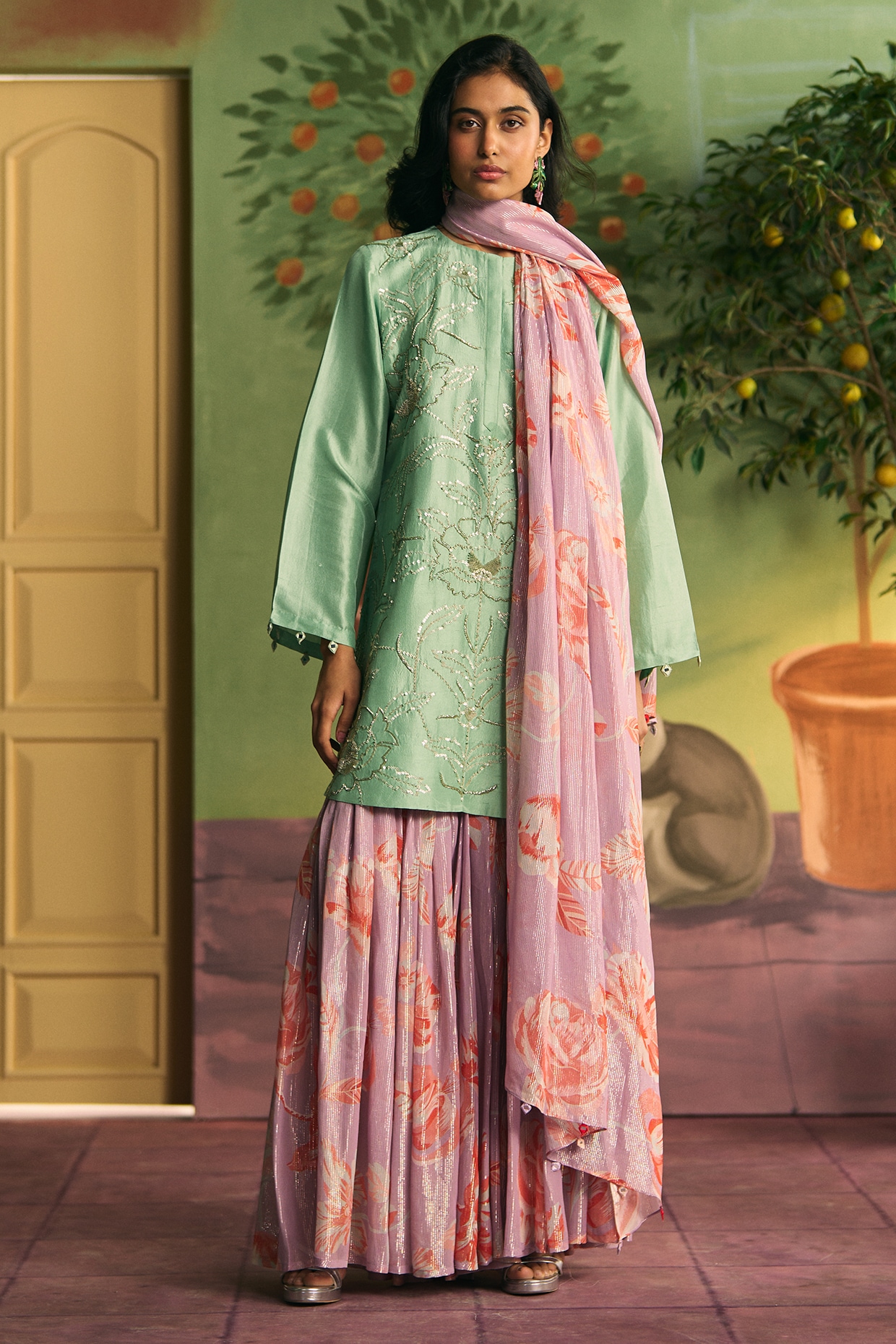 Archana Shah Mint Green Silk Kurta Set