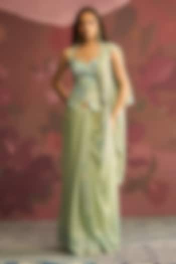 Mint Green Georgette Shimmer Draped Wedding Saree Set by Archana Shah at Pernia's Pop Up Shop