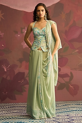 Mint Green Georgette Shimmer Draped Saree Set by Archana Shah
