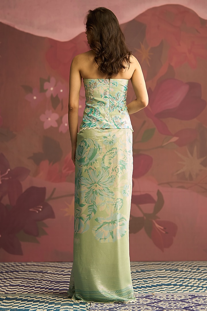 Mint Green Georgette Shimmer Draped Wedding Saree Set by Archana Shah at Pernia's Pop Up Shop