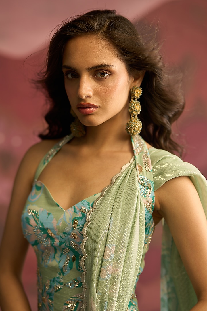 Mint Green Georgette Shimmer Draped Wedding Saree Set by Archana Shah at Pernia's Pop Up Shop