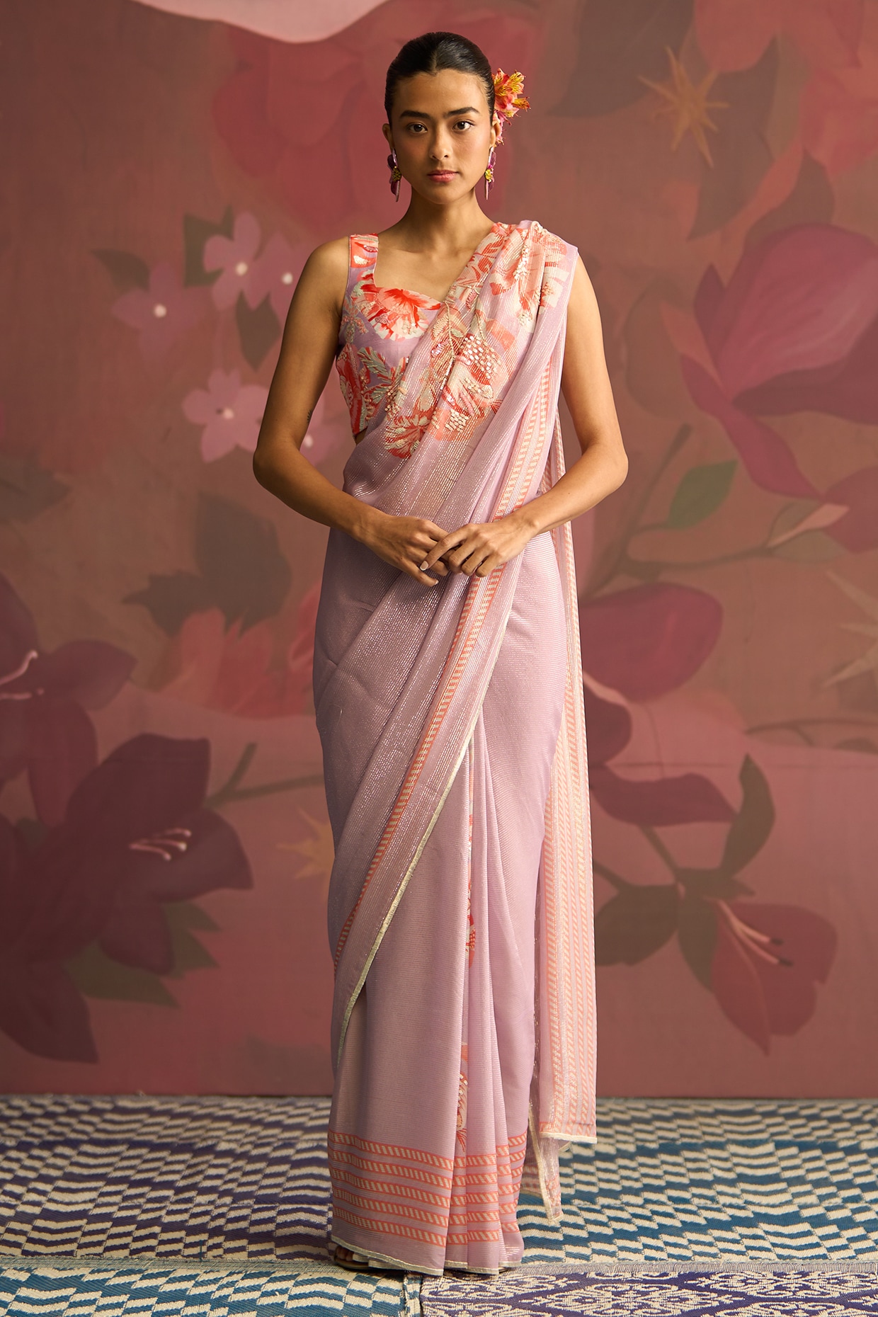 Archana Shah Lavender Georgette Shimmer Draped Saree Set