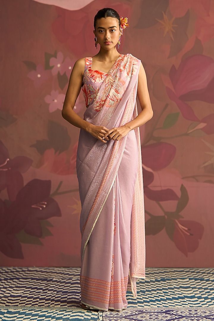 Lavender Georgette Shimmer Draped Wedding Saree Set by Archana Shah at Pernia's Pop Up Shop