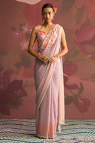 Lavender Georgette Shimmer Draped Saree Set by Archana Shah