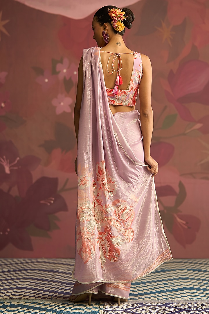 Lavender Georgette Shimmer Draped Wedding Saree Set by Archana Shah at Pernia's Pop Up Shop