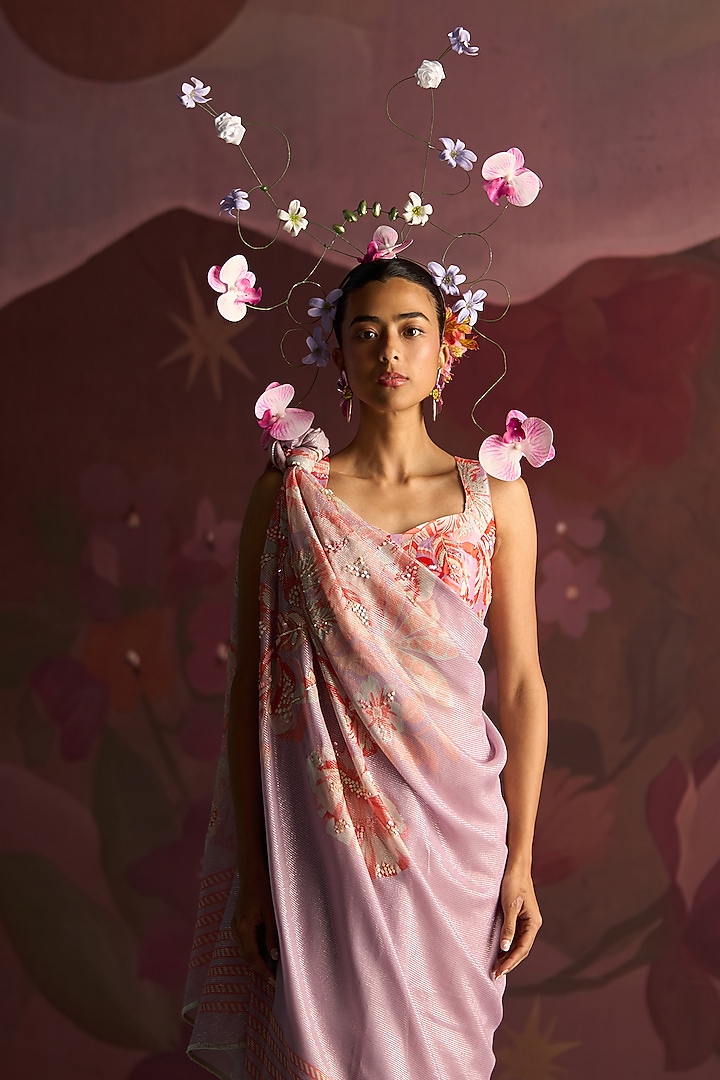 Lavender Georgette Shimmer Draped Wedding Saree Set by Archana Shah at Pernia's Pop Up Shop