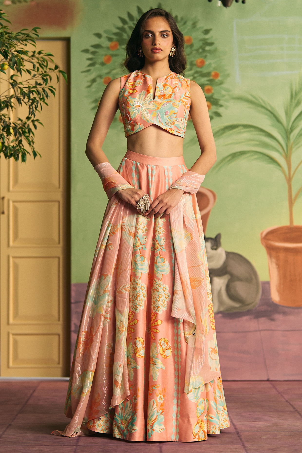 Archana Shah Apricot Silk Lehenga Set