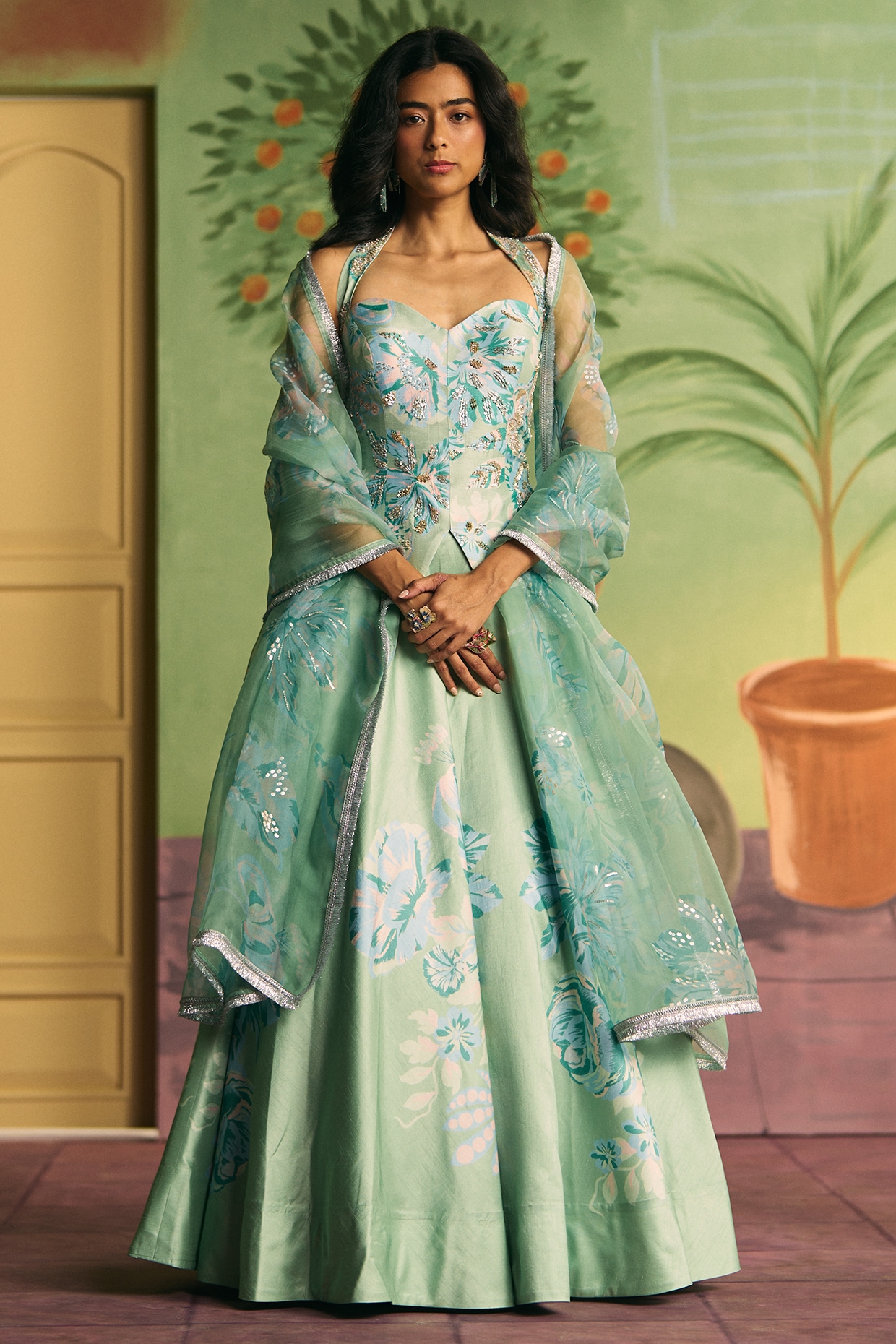 Archana Shah Mint Green Silk Lehenga Set