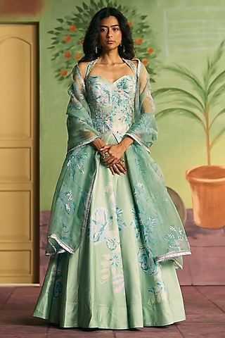 Mint Green Silk Lehenga Set by Archana Shah