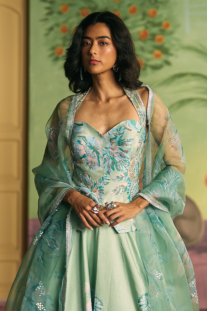 Mint Green Silk Wedding Lehenga Set by Archana Shah at Pernia's Pop Up Shop