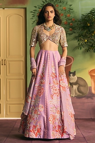 Lilac Silk Lehenga Set by Archana Shah