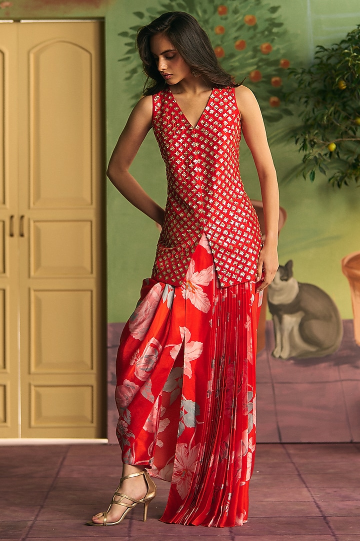 Crimson Satin Skirt Set by Archana Shah at Pernia's Pop Up Shop
