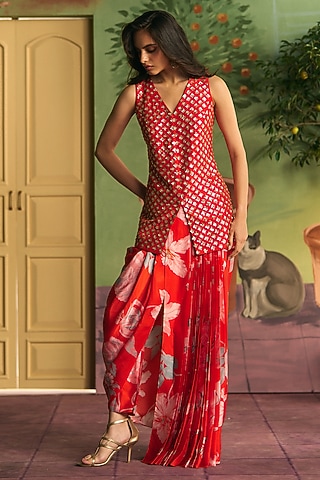 Crimson Satin Skirt Set by Archana Shah