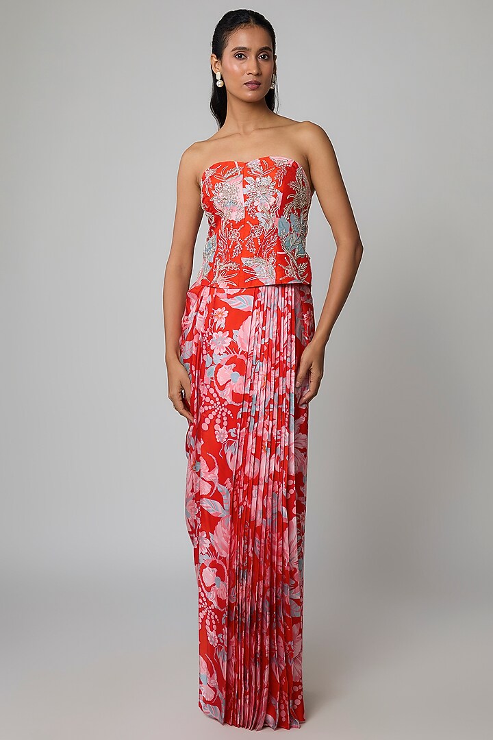 Red Satin Silk Skirt Set by Archana Shah at Pernia's Pop Up Shop
