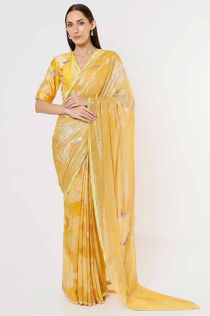 Yellow Floral Printed Saree Set by Archana Shah