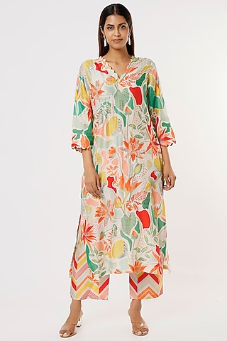 White Tropical Printed Kurta Set by Archana Shah