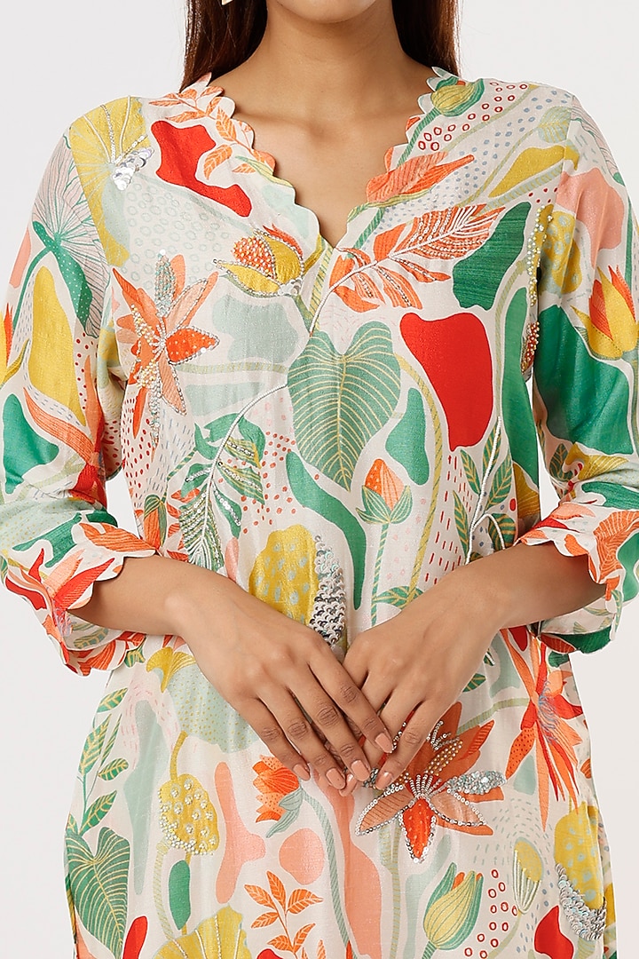White Tropical Printed Kurta Set by Archana Shah at Pernia's Pop Up Shop
