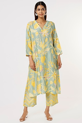 Green Tropical Printed Kurta Set by Archana Shah
