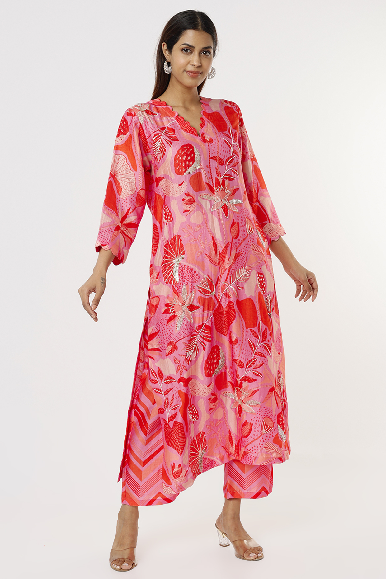 Red Tropical Printed Kurta Set by Archana Shah at Pernia's Pop Up Shop