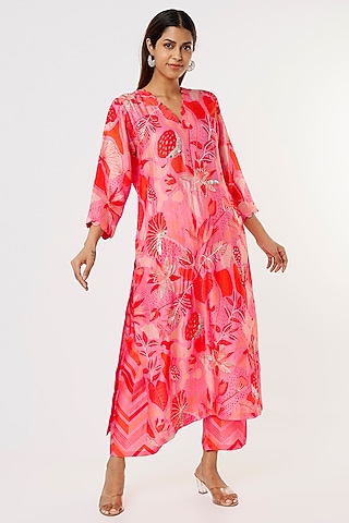 Red Tropical Printed Kurta Set by Archana Shah