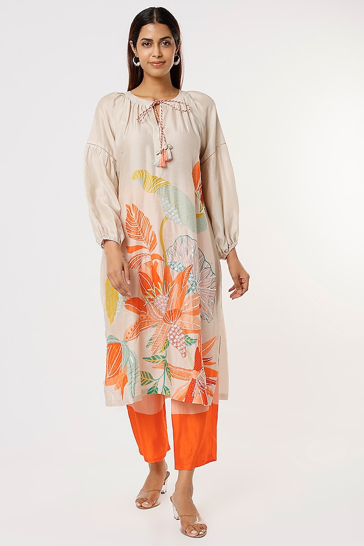 Ivory Bemberg Silk Printed Tunic Set by Archana Shah