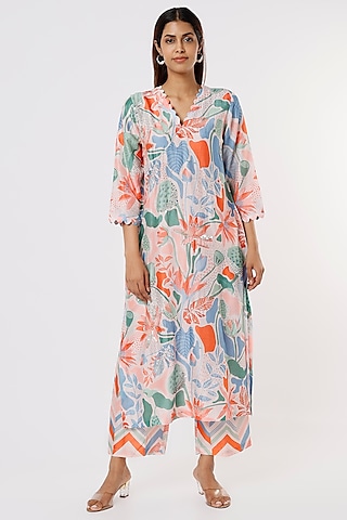 White Silk Tropical Printed Kurta Set by Archana Shah