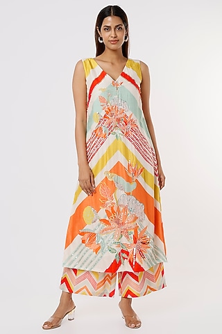 White Silk Printed Kurta Set by Archana Shah