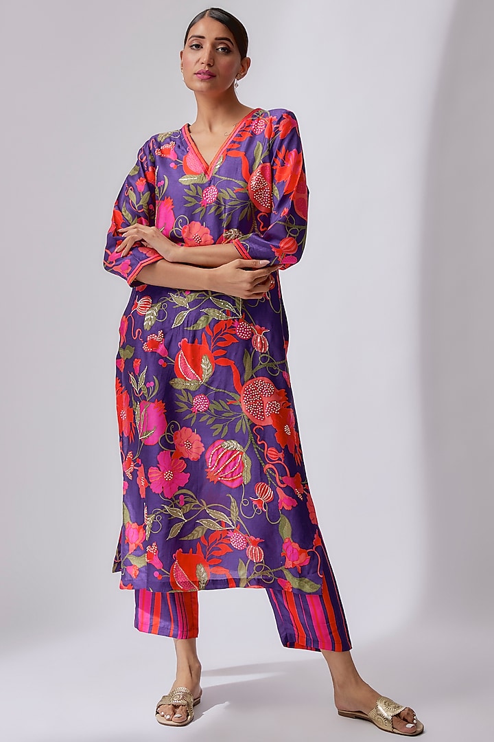 Purple Bemberg Silk Printed Kurta Set Design by Archana Shah at Pernia ...