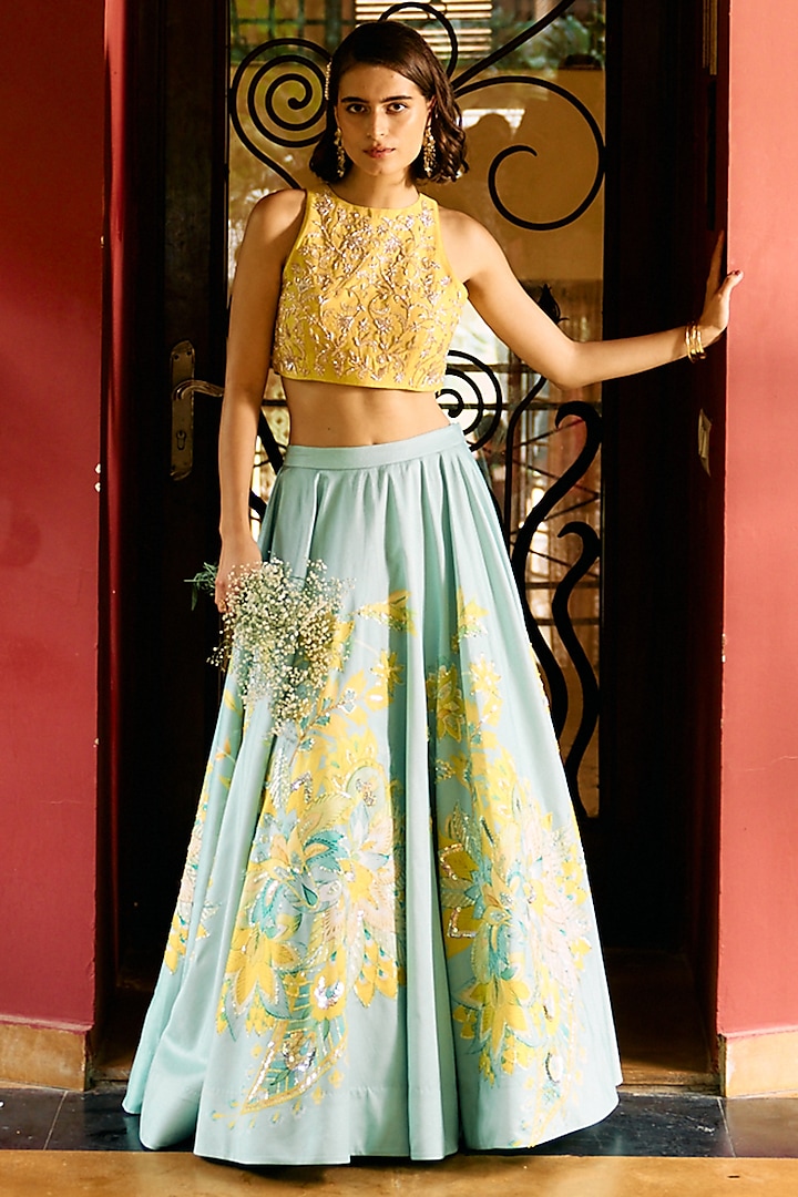 Green Bemberg Silk Printed Wedding Lehenga Set by Archana Shah at Pernia's Pop Up Shop